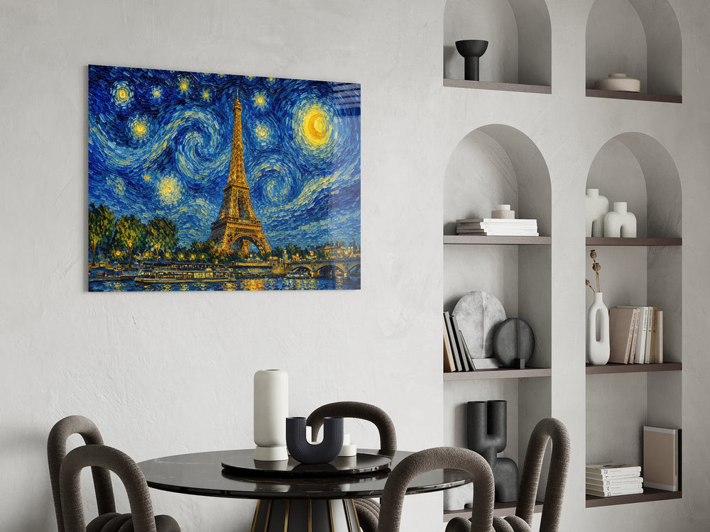 Eiffel Tower glass wall art shown in a warm, styled interior setting