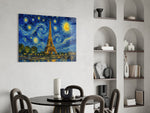 Eiffel Tower glass wall art shown in a warm, styled interior setting