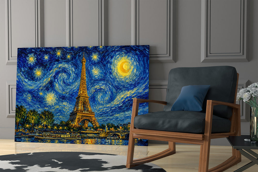 Eiffel Tower glass wall art hanging as a focal point in a modern room