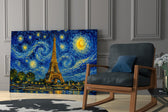 Eiffel Tower glass wall art hanging as a focal point in a modern room