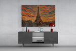 Eiffel Tower glass wall art displayed above a console in a modern interior