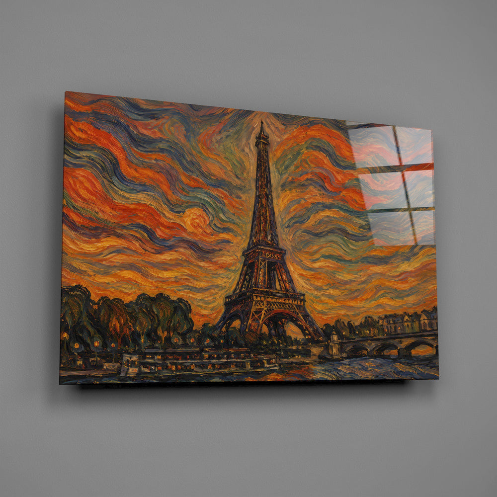 Eiffel Tower glass wall art mounted flat on a grey wall