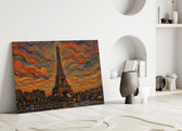 Eiffel Tower glass wall art leaning against a wall in a minimalist interior
