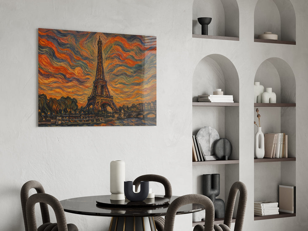 Eiffel Tower glass wall art shown in a warm, styled interior setting