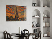 Eiffel Tower glass wall art shown in a warm, styled interior setting