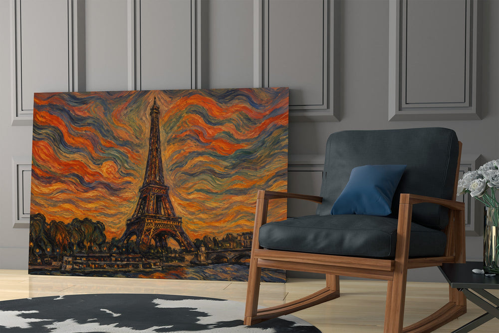 Eiffel Tower glass wall art hanging as a focal point in a modern room