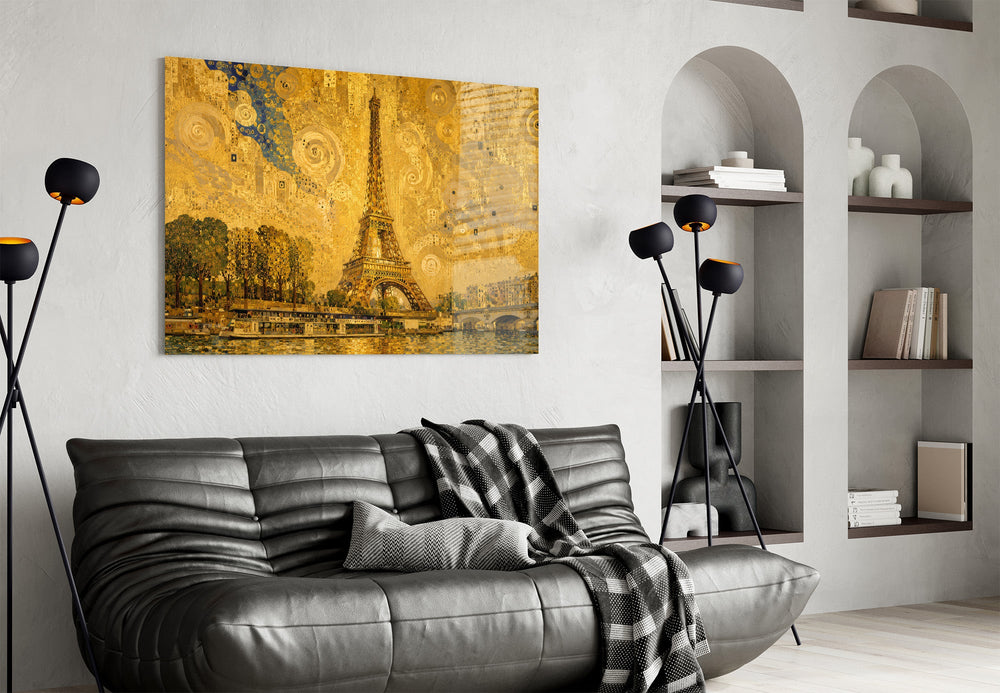 Eiffel Tower glass wall art styled in a contemporary living room