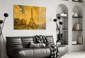 Eiffel Tower glass wall art styled in a contemporary living room
