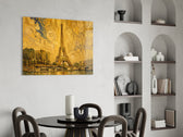 Eiffel Tower glass wall art shown in a warm, styled interior setting