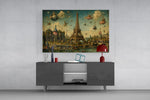 Eiffel Tower glass wall art displayed above a console in a modern interior