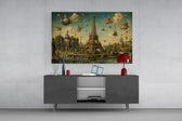 Eiffel Tower glass wall art displayed above a console in a modern interior