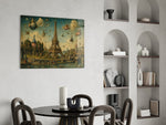 Eiffel Tower glass wall art shown in a warm, styled interior setting