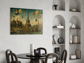 Eiffel Tower glass wall art shown in a warm, styled interior setting