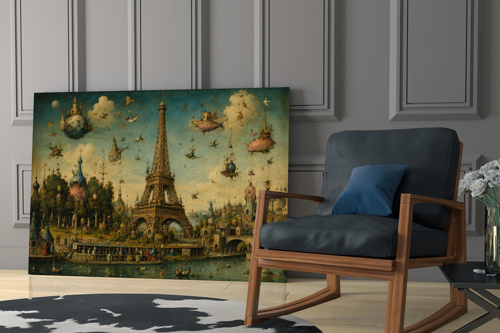 Eiffel Tower glass wall art hanging as a focal point in a modern room