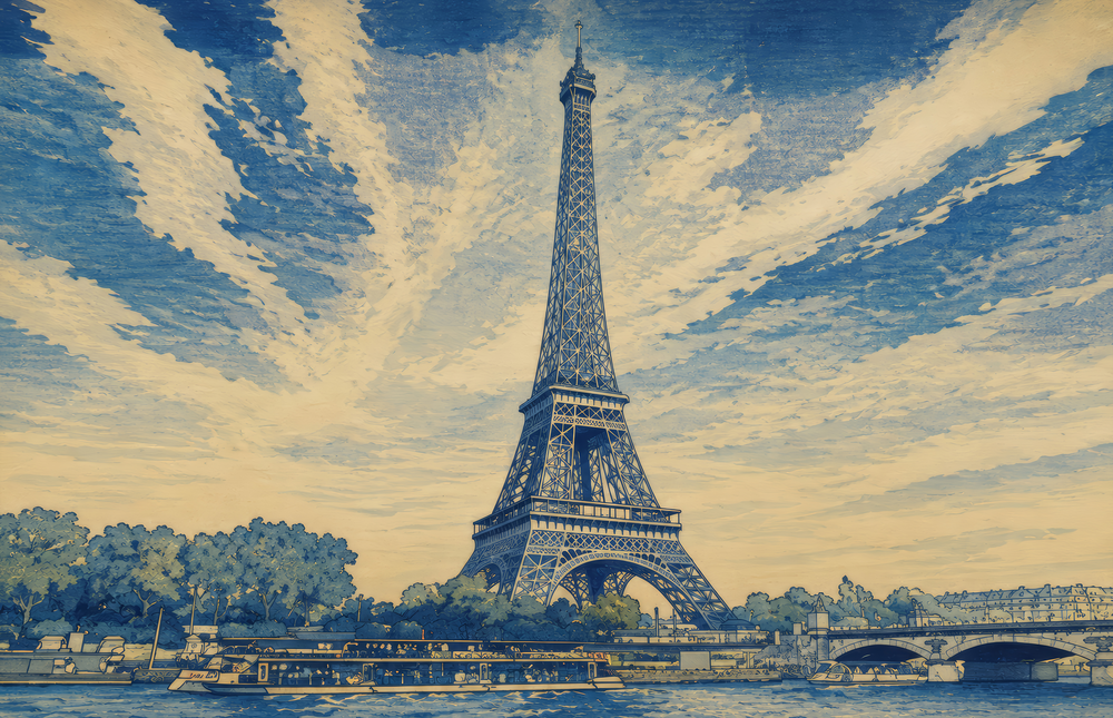 Eiffel Tower Hokusai Style Glass Wall Art