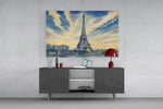 Eiffel Tower glass wall art displayed above a console in a modern interior
