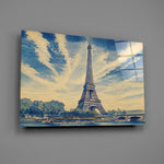 Eiffel Tower glass wall art mounted flat on a grey wall