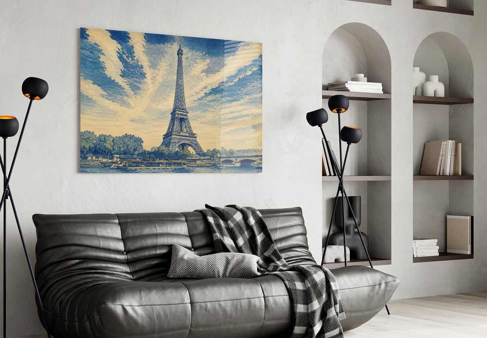 Eiffel Tower glass wall art styled in a contemporary living room