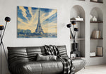 Eiffel Tower glass wall art styled in a contemporary living room