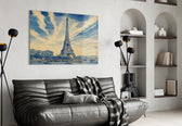 Eiffel Tower glass wall art styled in a contemporary living room