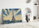 Eiffel Tower glass wall art leaning against a wall in a minimalist interior