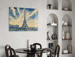 Eiffel Tower glass wall art shown in a warm, styled interior setting