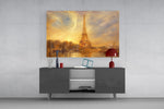 Eiffel Tower glass wall art displayed above a console in a modern interior