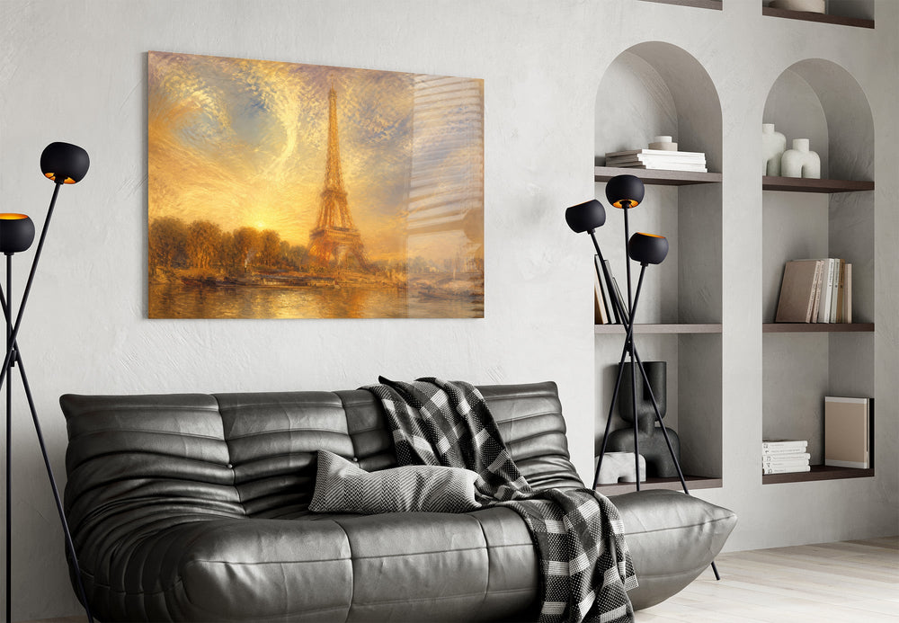 Eiffel Tower glass wall art styled in a contemporary living room