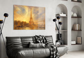 Eiffel Tower glass wall art styled in a contemporary living room