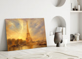 Eiffel Tower glass wall art leaning against a wall in a minimalist interior