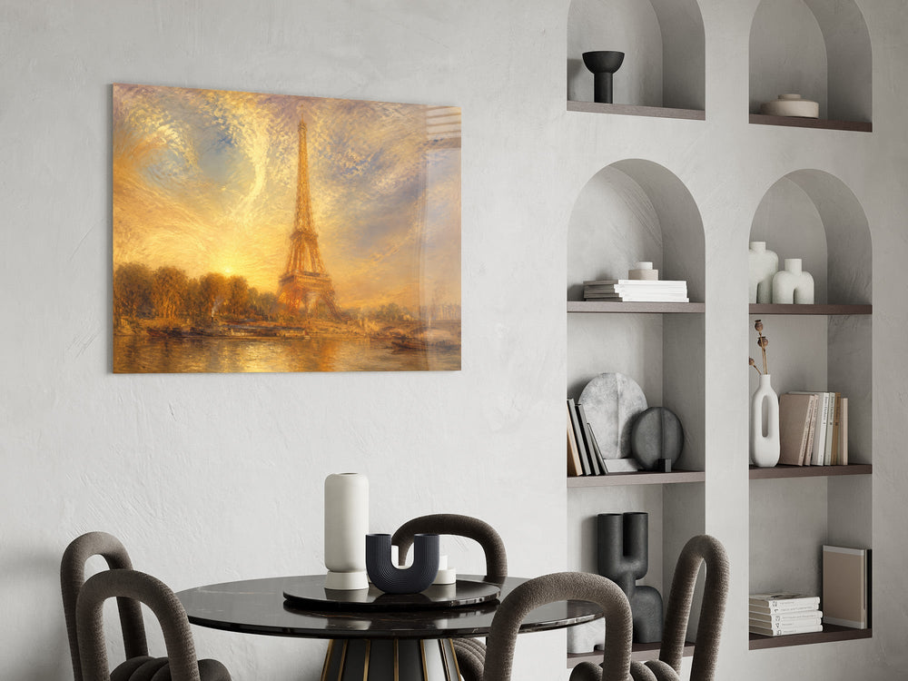 Eiffel Tower glass wall art shown in a warm, styled interior setting
