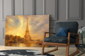 Eiffel Tower glass wall art hanging as a focal point in a modern room