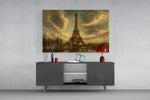 Eiffel Tower glass wall art displayed above a console in a modern interior