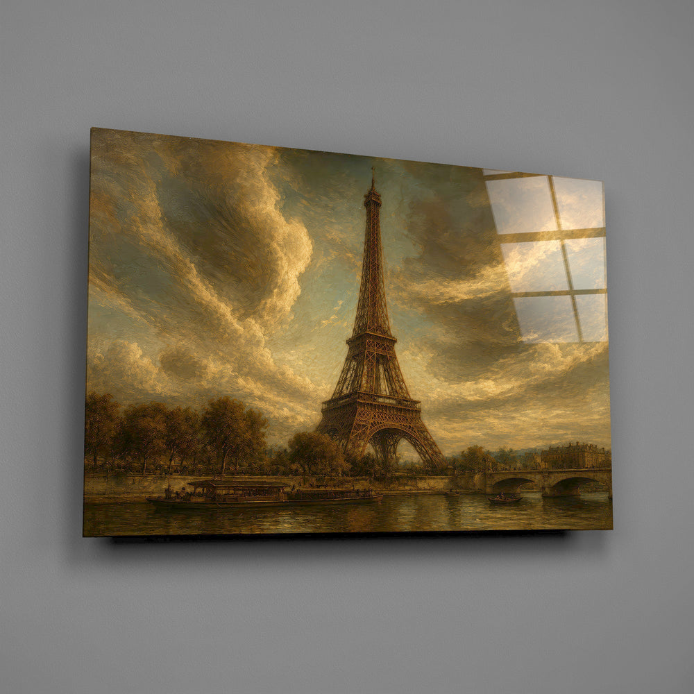 Eiffel Tower glass wall art mounted flat on a grey wall