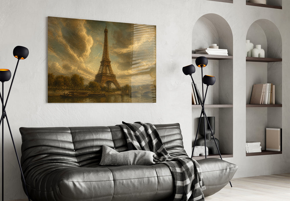 Eiffel Tower glass wall art styled in a contemporary living room