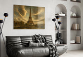 Eiffel Tower glass wall art styled in a contemporary living room