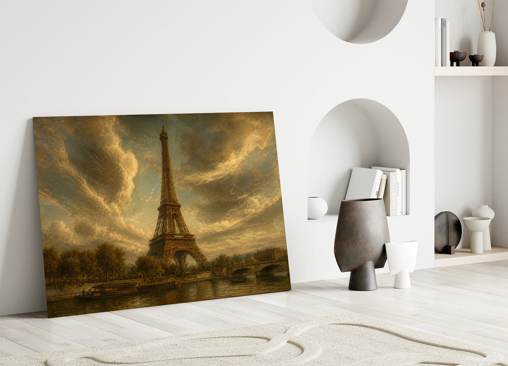 Eiffel Tower glass wall art leaning against a wall in a minimalist interior