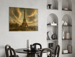 Eiffel Tower glass wall art shown in a warm, styled interior setting