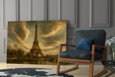 Eiffel Tower glass wall art hanging as a focal point in a modern room