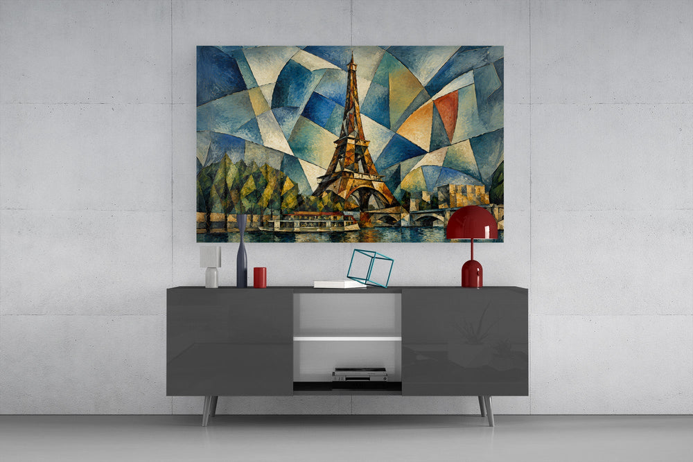 Eiffel Tower glass wall art displayed above a console in a modern interior