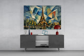 Eiffel Tower glass wall art displayed above a console in a modern interior