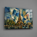 Eiffel Tower glass wall art mounted flat on a grey wall