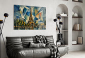 Eiffel Tower glass wall art styled in a contemporary living room