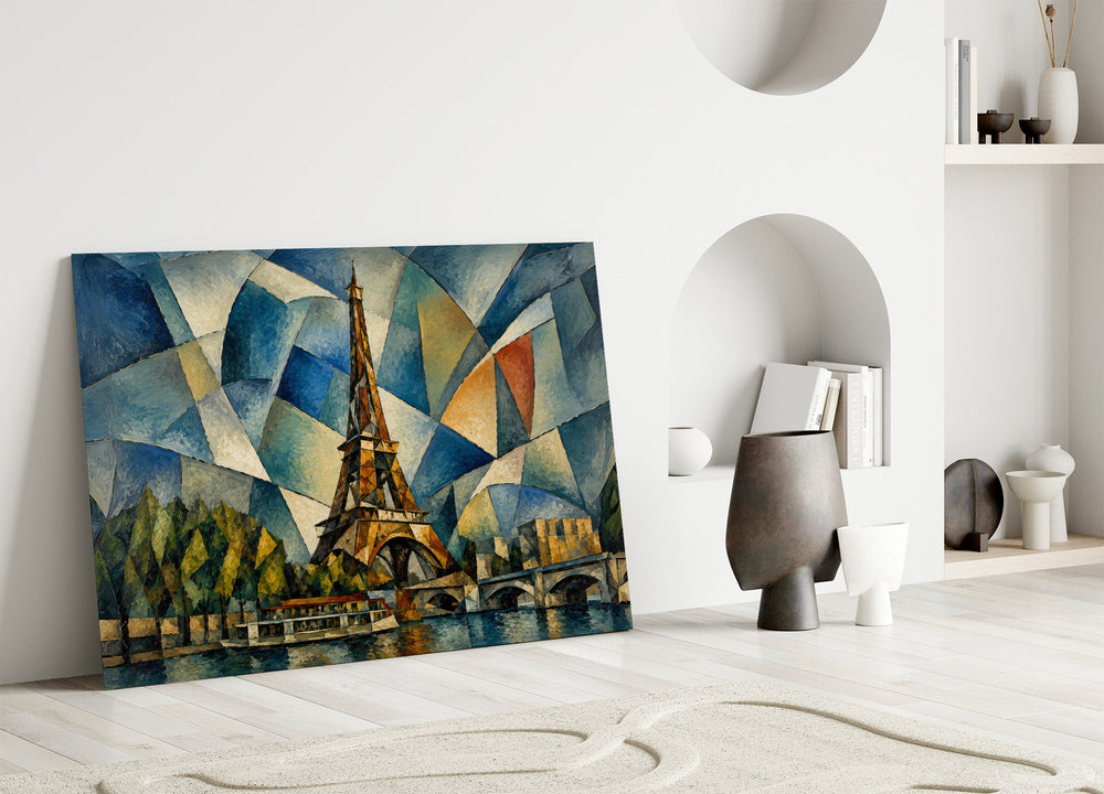 Eiffel Tower glass wall art leaning against a wall in a minimalist interior