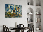 Eiffel Tower glass wall art shown in a warm, styled interior setting