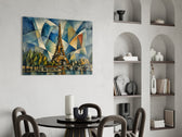 Eiffel Tower glass wall art shown in a warm, styled interior setting