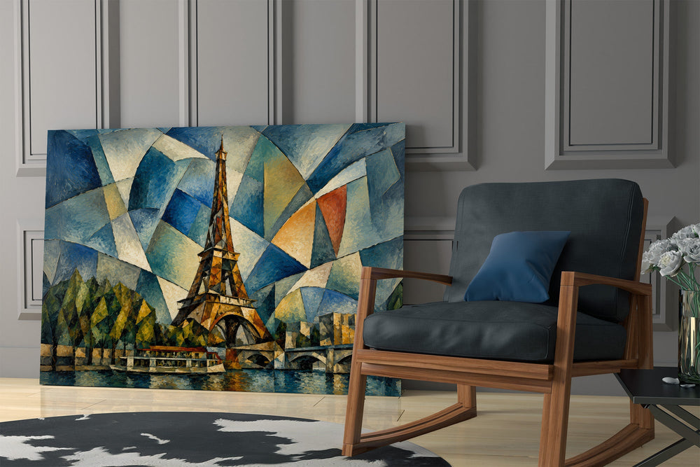 Eiffel Tower glass wall art hanging as a focal point in a modern room