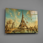 Eiffel Tower glass wall art mounted flat on a grey wall