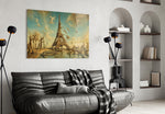 Eiffel Tower glass wall art styled in a contemporary living room