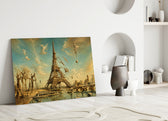 Eiffel Tower glass wall art leaning against a wall in a minimalist interior